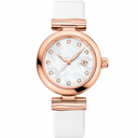 Refined dress watch with rose gold tone case and white strap on white background