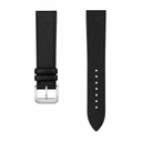Black leather watch strap with silver buckle on white background