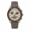 Chronograph watch with beige dial and gray leather strap on white background