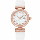 Women's dress watch with rose gold-tone case, mother-of-pearl dial, and white fabric strap