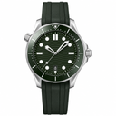 Diver style watch with dark green dial and rubber strap on white background