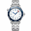 Sport watch with white dial and blue markers on silver metal bracelet, 42mm size