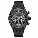 Sport chronograph watch with black rubber strap and dark mechanical dial on white background