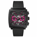 Black sport chronograph watch with pink accents and fabric strap on white background