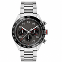 Chronograph watch with dark gray dial and stainless steel bracelet on white background
