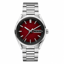 Stainless steel watch with red dial and metal bracelet on white background