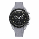 Chronograph sport watch with black dial and gray textured rubber strap on white background