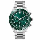 Sport chronograph watch with green dial and silver-tone stainless steel bracelet