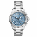 Chronograph sport watch with light blue dial, silver-tone stainless steel bracelet and case, displayed on white background