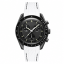 Sport chronograph watch with black dial, matte dark grey case, and white textured strap with black stitching
