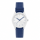 White dial watch with blue rubber strap and silver metal case