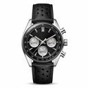 Racing chronograph watch with black dial and black leather strap on white background