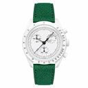 Chronograph watch with white case and green leather strap