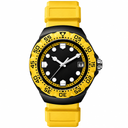 Sport watch with black dial, yellow bezel, and yellow rubber strap