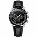 Chronograph dress watch with black dial, steel case, and black leather strap