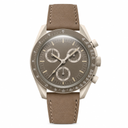 Taupe chronograph watch with taupe leather strap and light beige case on white background