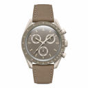Taupe chronograph wristwatch with leather strap on white background