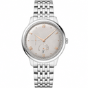 Dress watch with light silver dial and silver stainless steel bracelet on white background