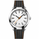 Sport casual watch with white dial and black rubber strap with orange stitching