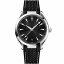 Casual watch with black dial, silver case, and black textured strap, 41mm size
