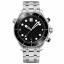 Diver style watch with black dial, black bezel, and silver metal bracelet