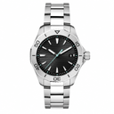 Silver metal sport watch with black textured dial and blue accents