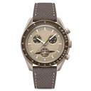 Chronograph wristwatch with beige dial, taupe textured leather strap, and light matte metal case on white background