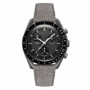 Gray chronograph watch with gray suede leather strap on white background
