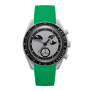 Casual sport watch with silver case, black bezel, textured silver dial, and green rubber strap