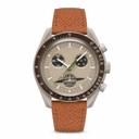 Casual chronograph watch with beige dial and brown leather strap on white background