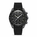 Chronograph watch with black dial, gray case, and black synthetic strap on white background