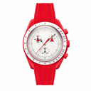 Red chronograph watch with white dial and red rubber strap on white background