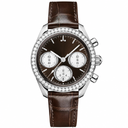 Chronograph watch with brown dial, diamond bezel, and brown leather strap, 38mm case size