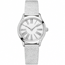 Elegant silver women's dress watch with white dial and Roman numerals