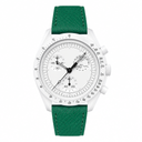 Chronograph watch with white dial and green leather strap on white background