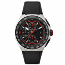 Sport chronograph watch with black dial, red accents, silver case, and black strap