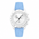 Watch with white case, white multifunction dial, and light blue leather strap