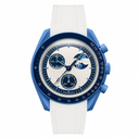Casual blue case watch with cream dial and white rubber strap
