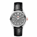 Classic watch with textured silver dial, rose gold crown, and black leather strap on white background