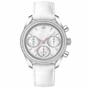 Women's dress chronograph watch with white mother-of-pearl dial, crystal bezel, and white leather strap