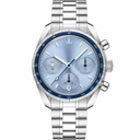 Chronograph watch with light blue dial and silver metal bracelet on white background