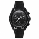 Black chronograph watch with black dial, multiple subdials, moon phase, and black textured leather strap on white background