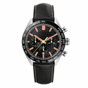 Sport chronograph watch with black dial and black leather strap on white background