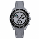 Gray sport-casual watch with moon phase dial and gray textured rubber strap on white background