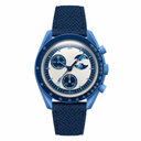 Blue chronograph watch with moonphase and blue leather strap on white background