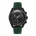 Chronograph watch with black dial and dark green suede strap on white background