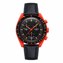 Chronograph watch with red case, black dial, and black leather strap