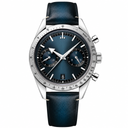 Chronograph watch with blue dial, stainless steel case, and blue leather strap