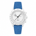 Sport chronograph watch with white dial, white case, and blue suede strap on white background