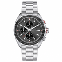 Sport chronograph watch with silver metal bracelet on white background